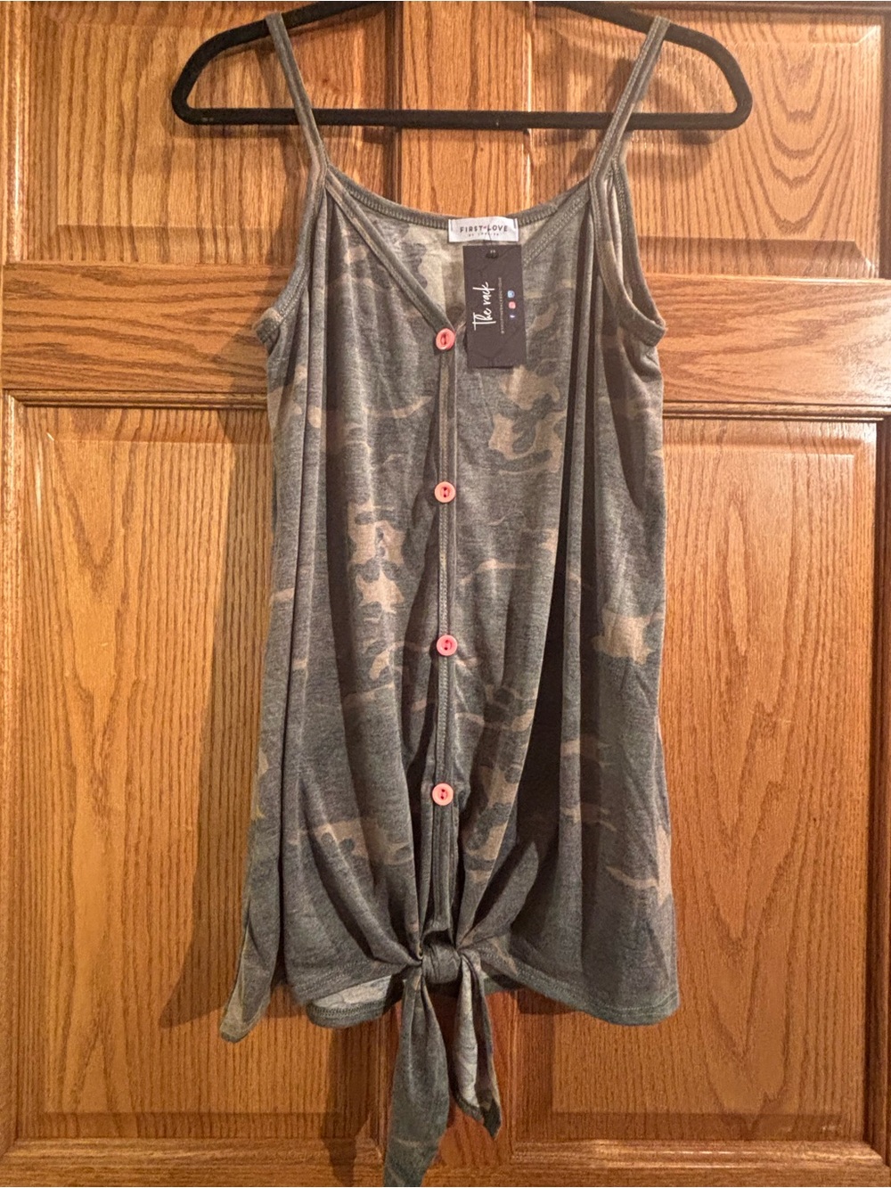 First Love Olive Camo Button-Front Tie Spaghetti Tank